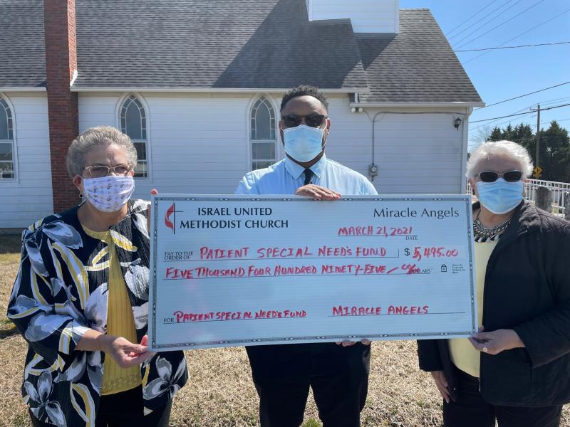 Check presentation attendees shown are Miracle Angels member Betty Streett, Beebe Healthcare Oncology Services Executive Director Maurice Winkfield and Miracle Angels member Sandra Neal. SUBMITTED PHOTO